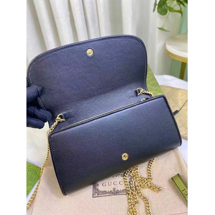 Gucci Women GG Blondie Continental Chain Wallet Black Leather Round Interlocking G