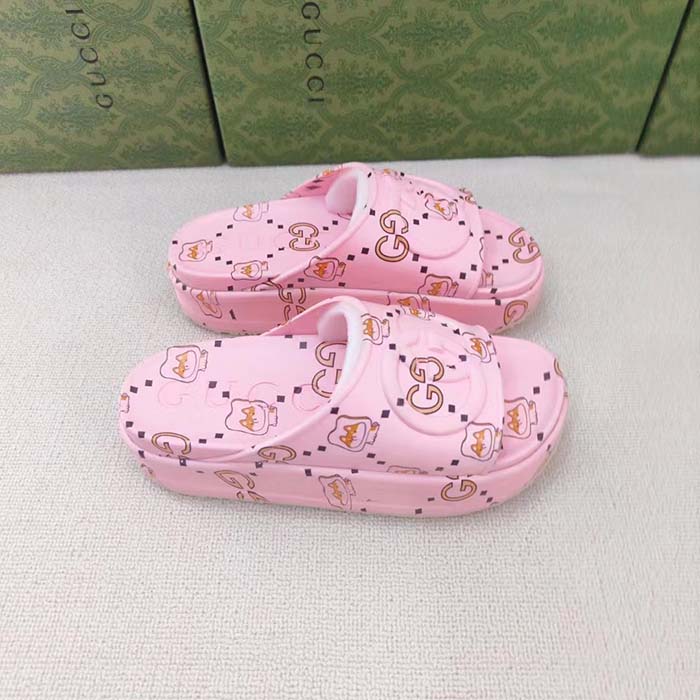 Gucci Unisex GG Animal Print Rubber Slide Sandal Pink Embossed Interlocking G Low Heel