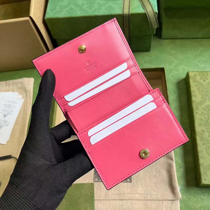 Gucci Unisex GG Marmont Card Case Wallet Pink GG Matelassé Leather Double G