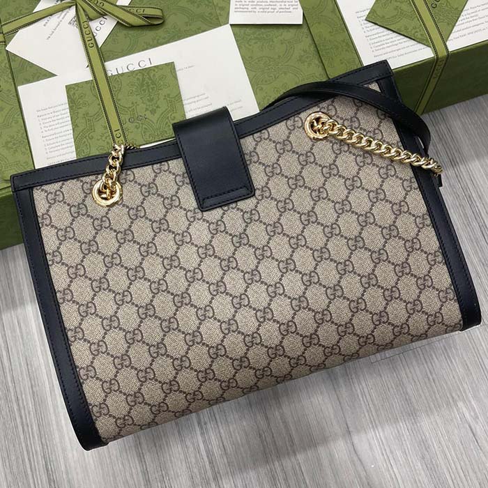 Gucci Women Padlock Medium GG Shoulder Bag Beige Ebony GG Supreme Canvas Black Leather