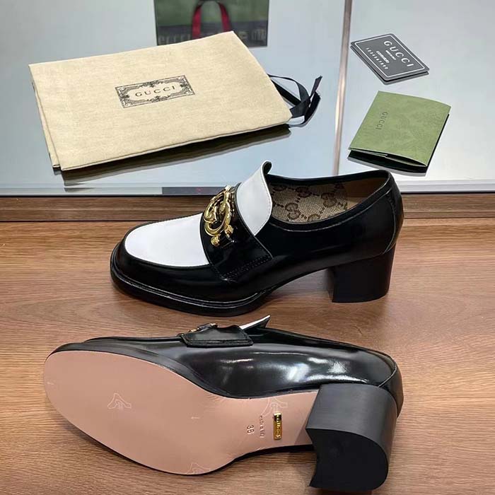 Gucci Women GG Loafer Interlocking G Black White Leather Mid 6 Cm Heel