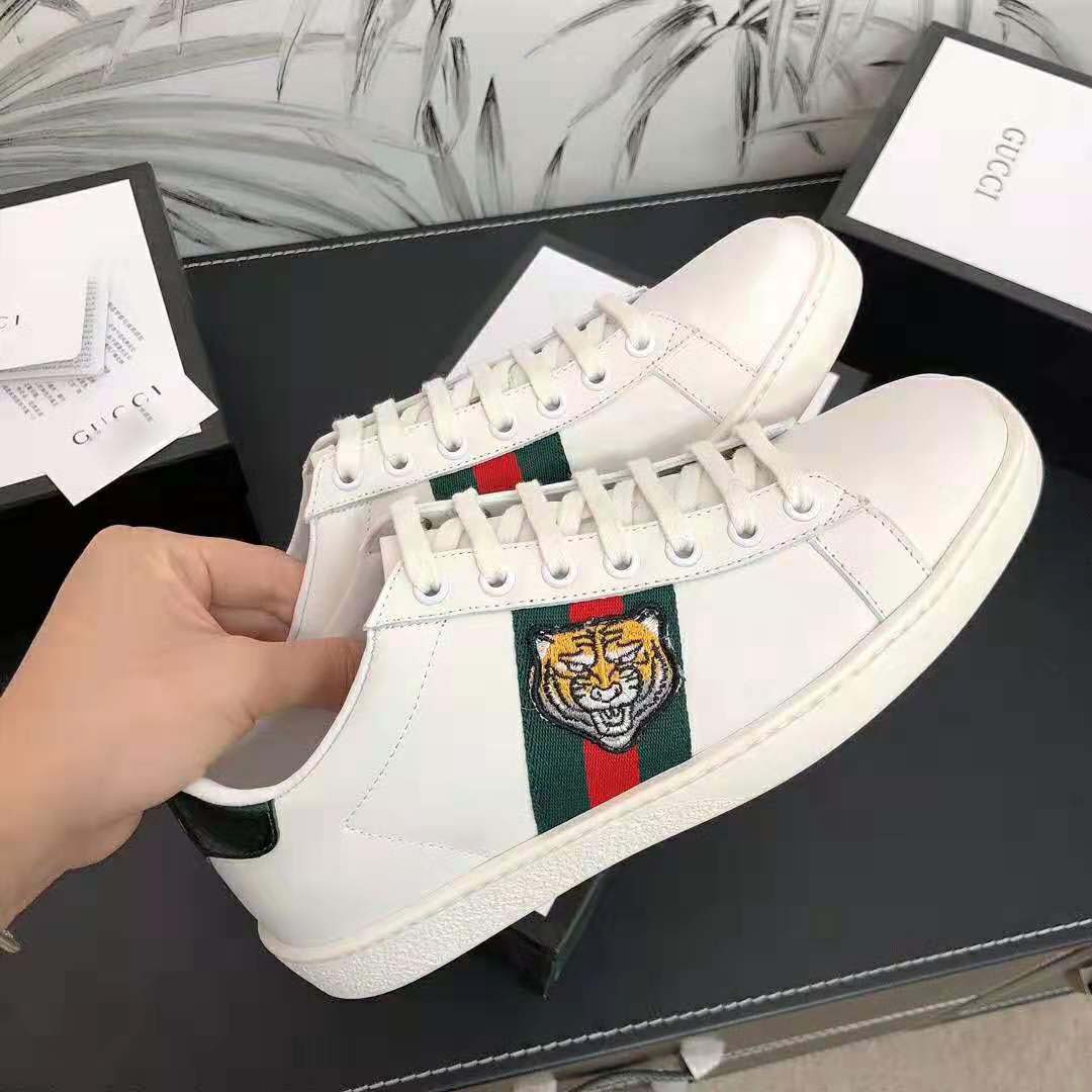 Gucci Men Ace Embroidered Sneaker with Embroidered Tiger Appliqué-White