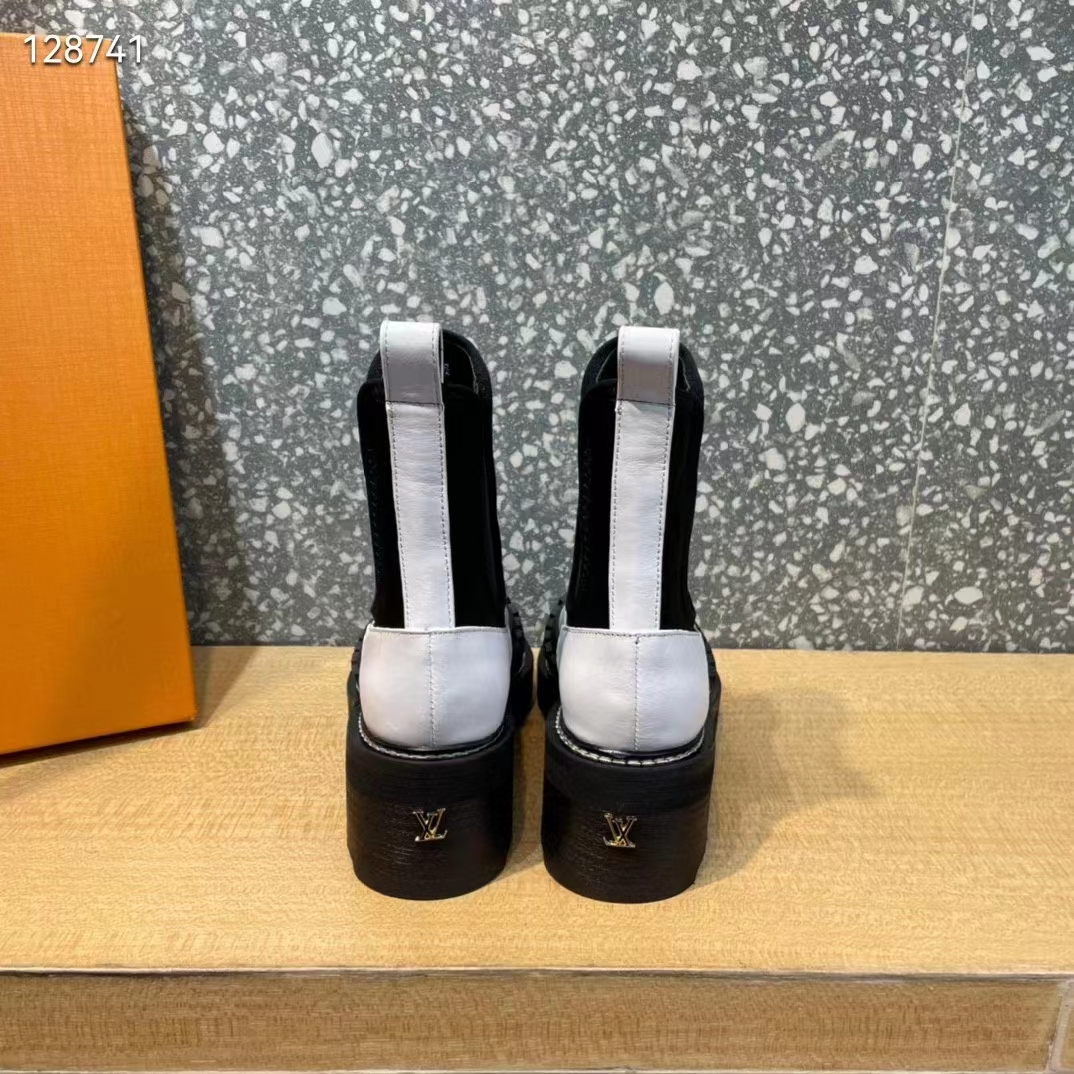 Louis Vuitton Women Shoes LV Beaubourg Ankle Boot Ecru White Calf Leather Neoprene