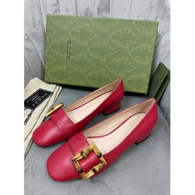 Gucci GG Women Ballet Flat with Bamboo Buckle Dark Red Leather