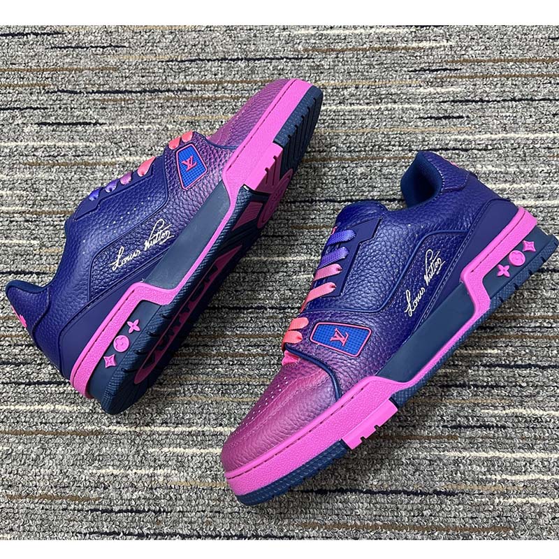 Louis Vuitton Unisex LV Trainer Sneaker Pink Grained Calf Leather Rubber Monogram Flowers