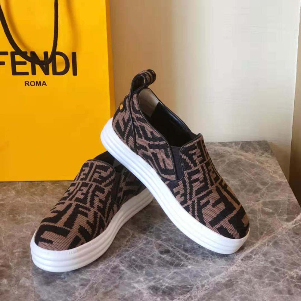 Fendi Women Rise Brown Fabric Slip Ons