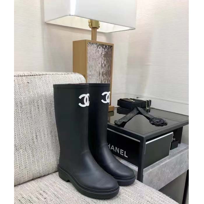 Chanel Women CC High Boots Caoutchouc Leather Black