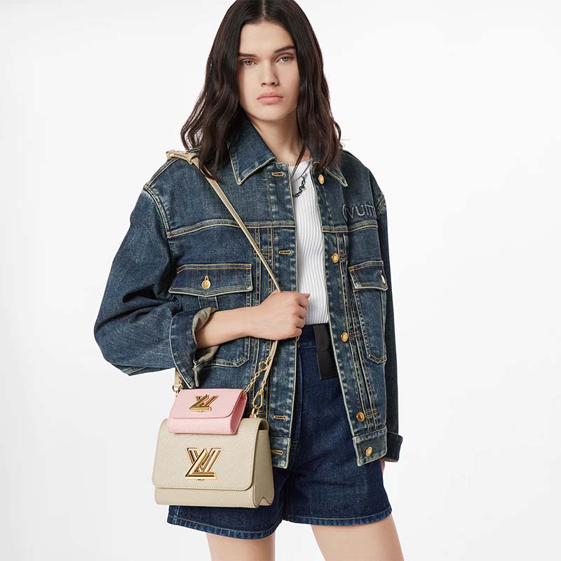 Louis Vuitton LV Women Twist PM Handbag Taupe Brown Pink Epi Grained Cowhide