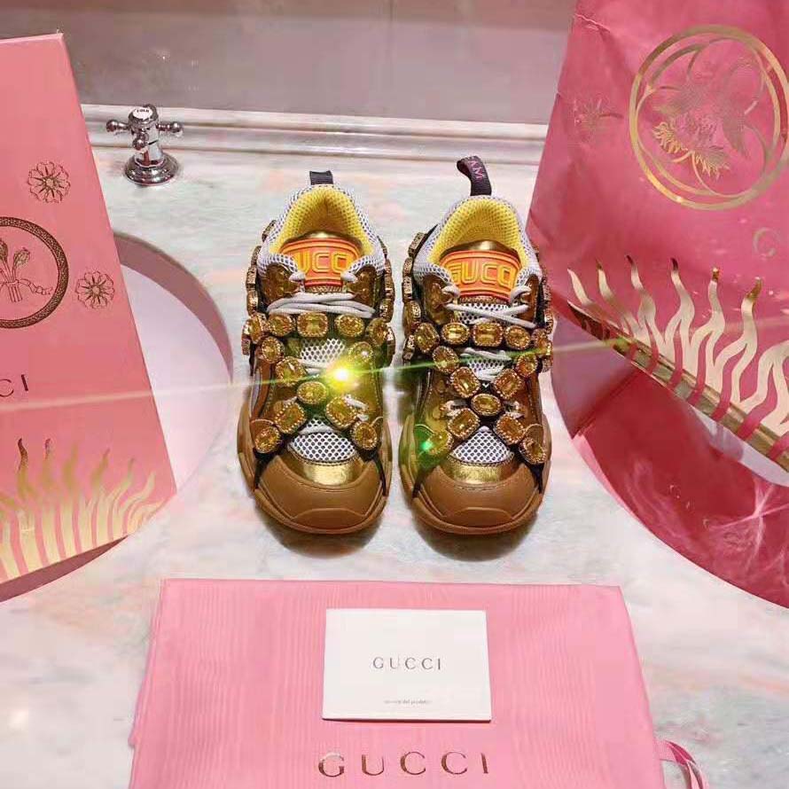 Gucci Women Flashtrek Sneaker with Removable Crystals 5.6cm Height-Gold