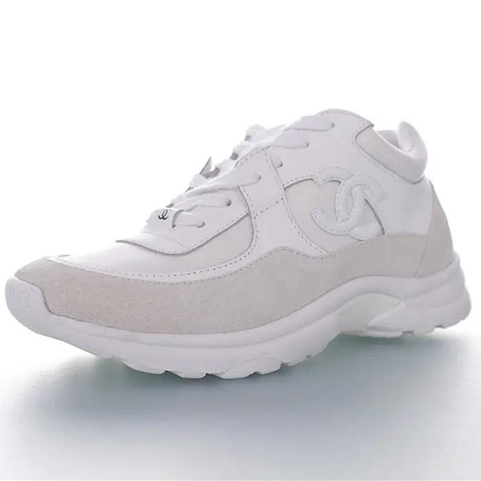 Chanel Women CC Low Top Sneakers Calfskin Suede Triple White
