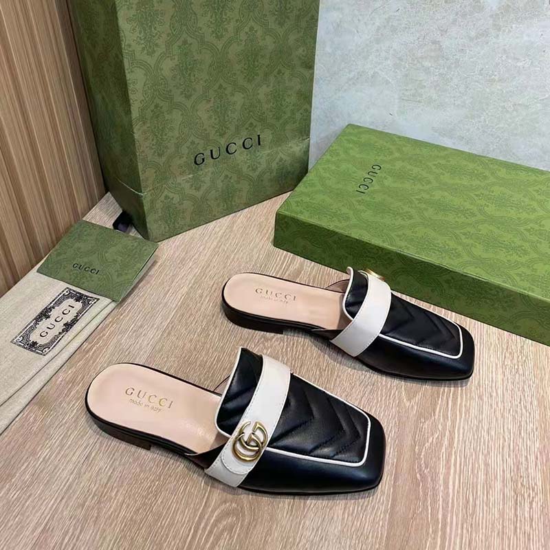 Gucci Women GG Slipper Double G Black Leather Matelassé Chevron Insert