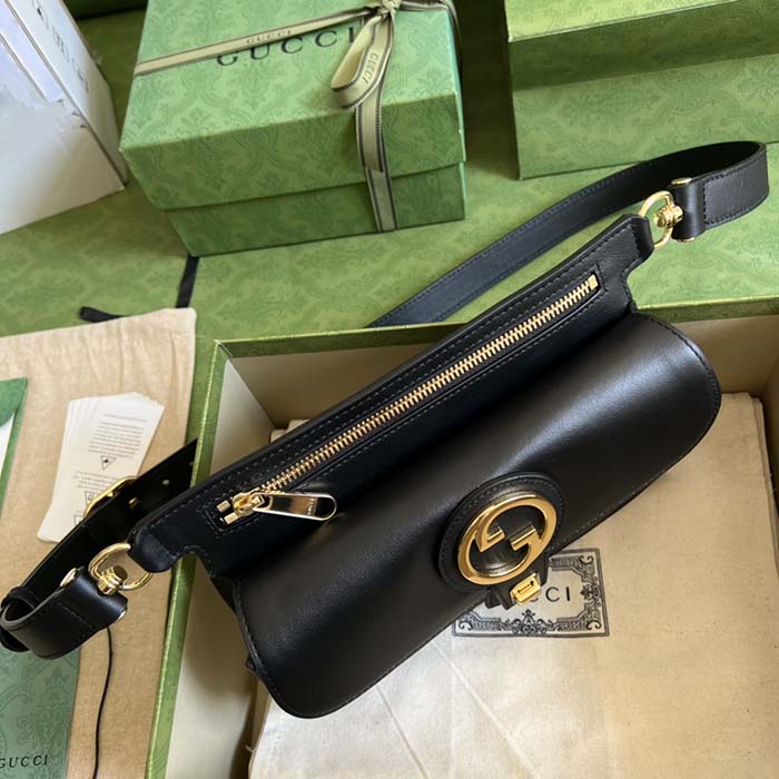 Gucci GG Women Blondie Belt Bag Black Leather Round Interlocking G