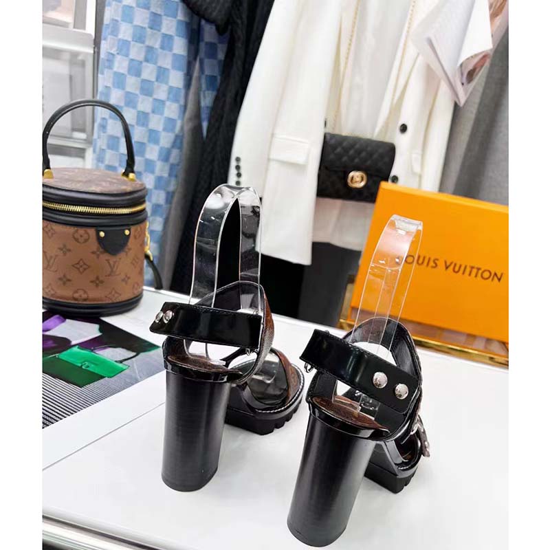 Louis Vuitton LV Women Star Trail Sandal Black Calf Leather Patent Monogram Canvas 9.5 cm Heel