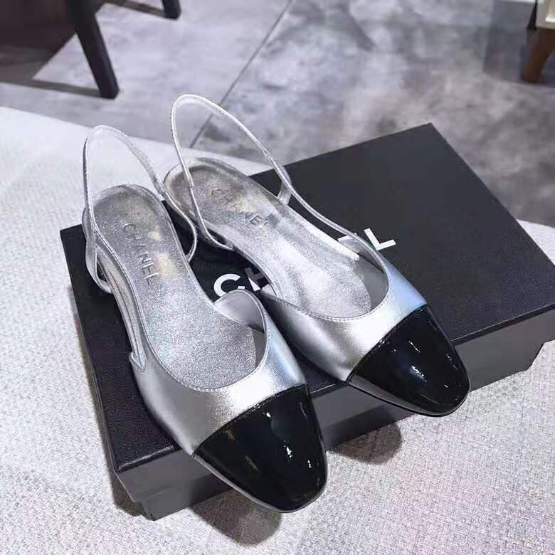 Chanel Women Slingbacks in Metallic Lambskin & Satin-Silver