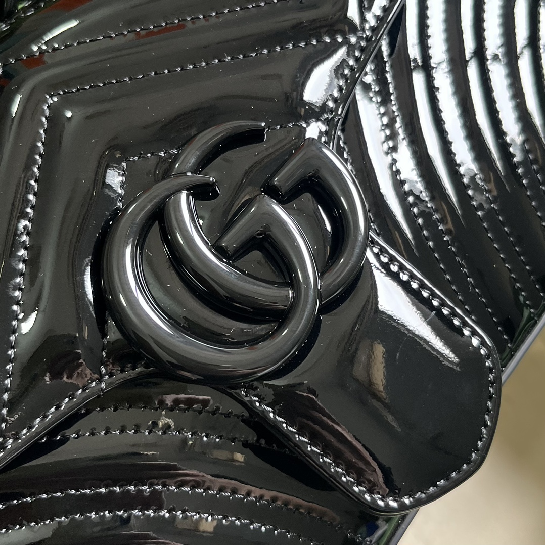 Gucci Women GG Marmont Patent Small Shoulder Bag Black Matelassé Chevron Leather