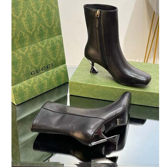 Gucci Women GG Ankle Boot Black Leather Geometric Heel Metal Inserts High-Heel