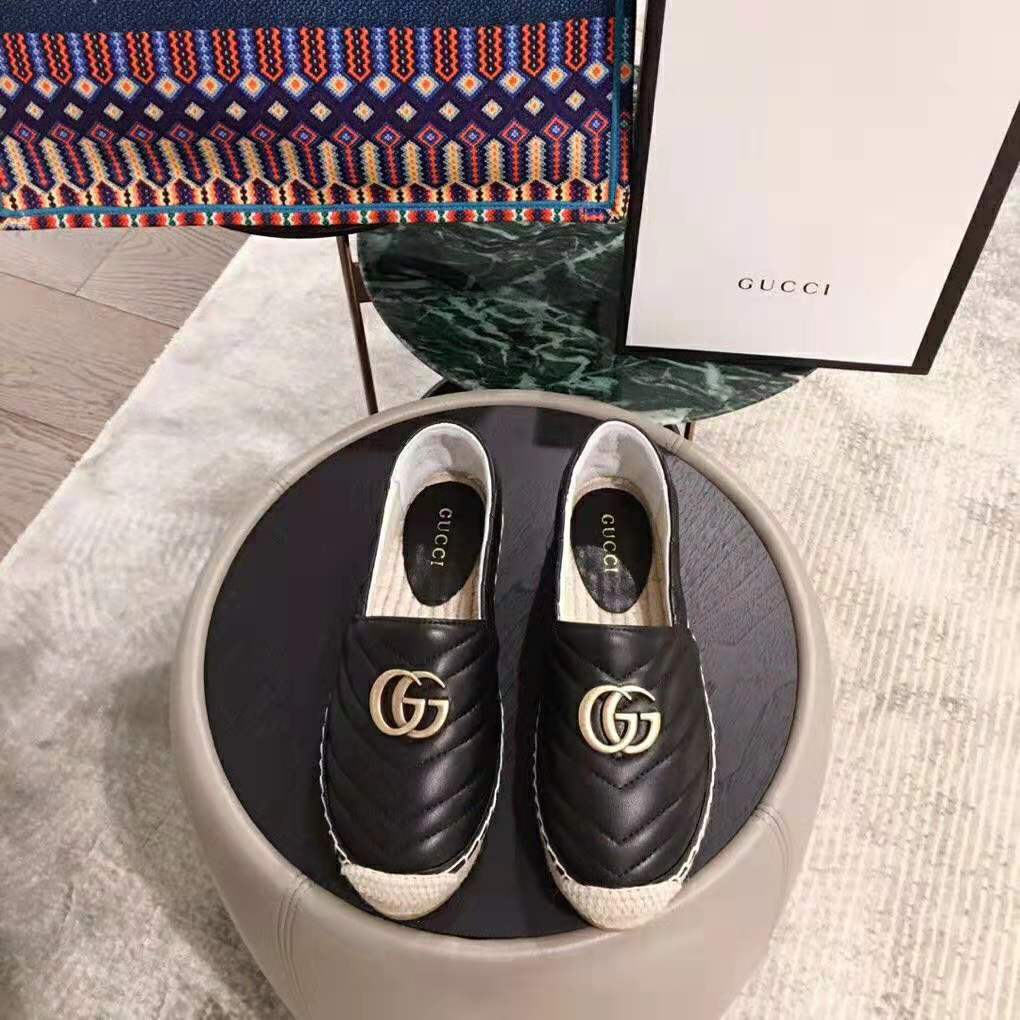 Gucci Women Leather Espadrille with Double G in Matelassé Chevron Leather-Black