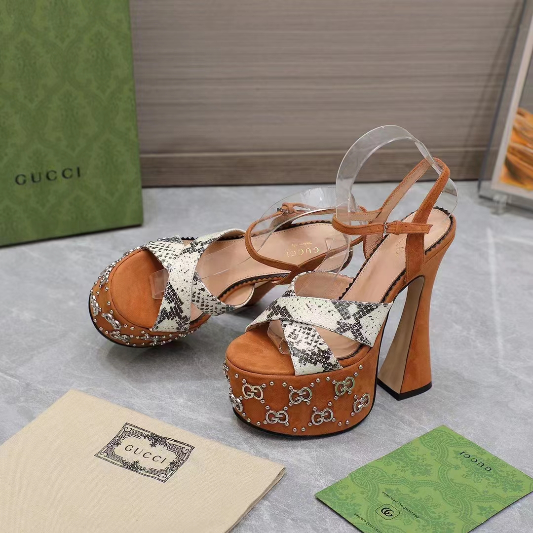 Gucci Women GG Interlocking G Studs Sandal Python Print Leather Camel Suede 15 Cm Heel