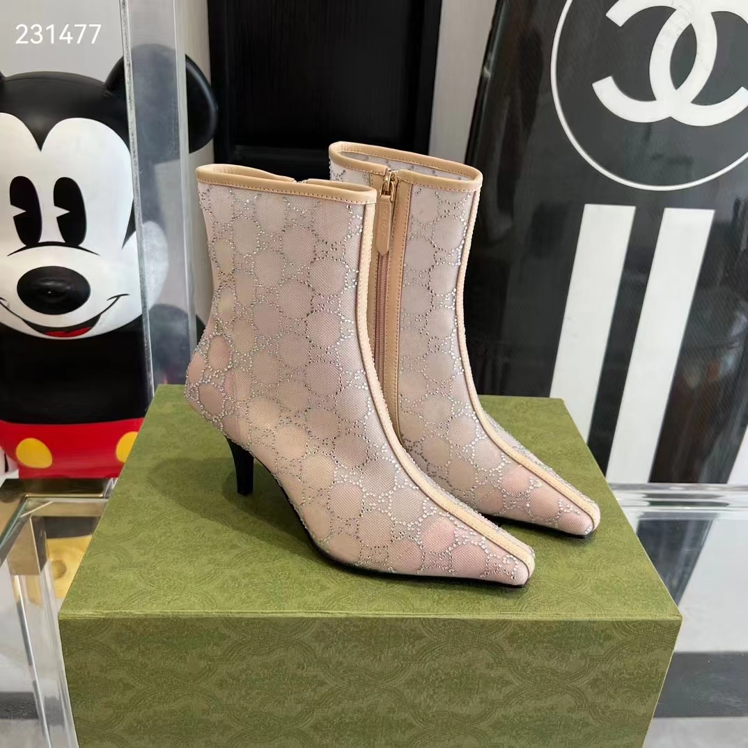 Gucci Women GG Mid-Heel Boot Rose Beige GG Crystal Mesh Leather Sole Pointed Toe