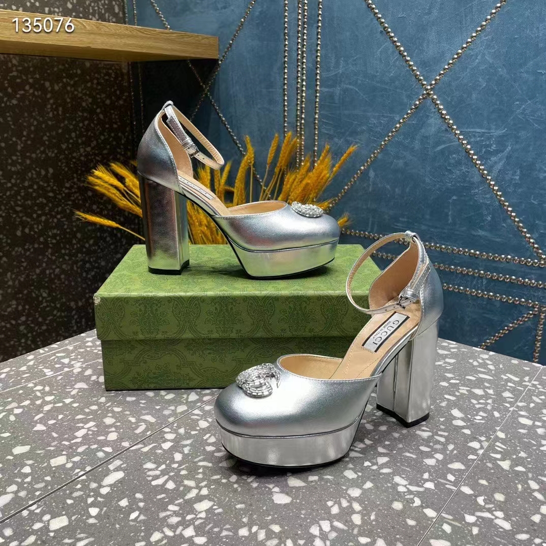 Gucci Women GG Platform Pump Double G Metallic Silver Patent Leather Crystals High Heel