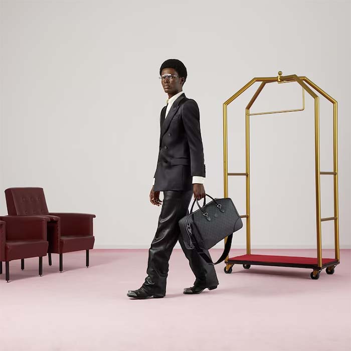 Gucci Unisex Duffle Bag Interlocking G Black GG Supreme Canvas Black Leather