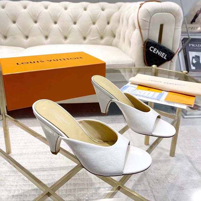 Louis Vuitton LV Women Super Mule White Monogram-Debossed Patent Calf Leather 10 CM Heel
