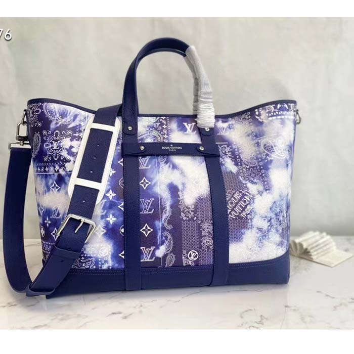 Louis Vuitton LV Unisex Tote Journey Carryall Bag Blue Cowhide Leather Textile Lining