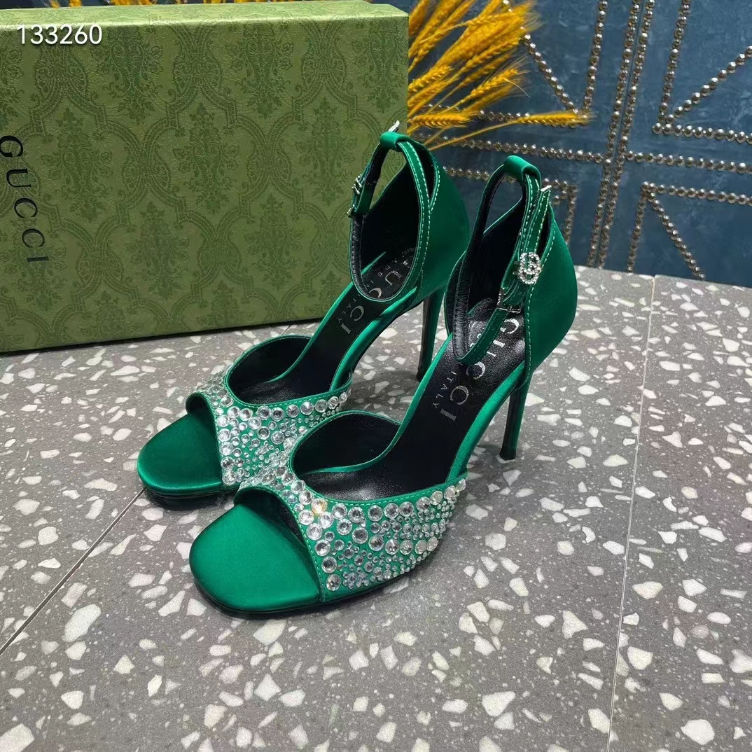 Gucci Women GG Mid-Heel Sandals Crystals Emerald Green Satin 11 CM Heel Double G
