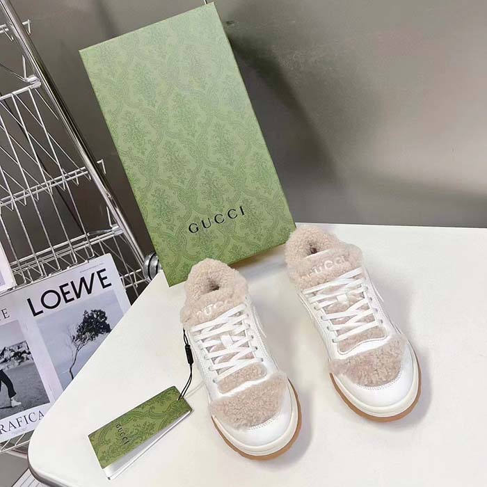 Gucci GG Unisex MAC80 Sneaker Off White Leather Merino Wool Round Toe Rubber Flat