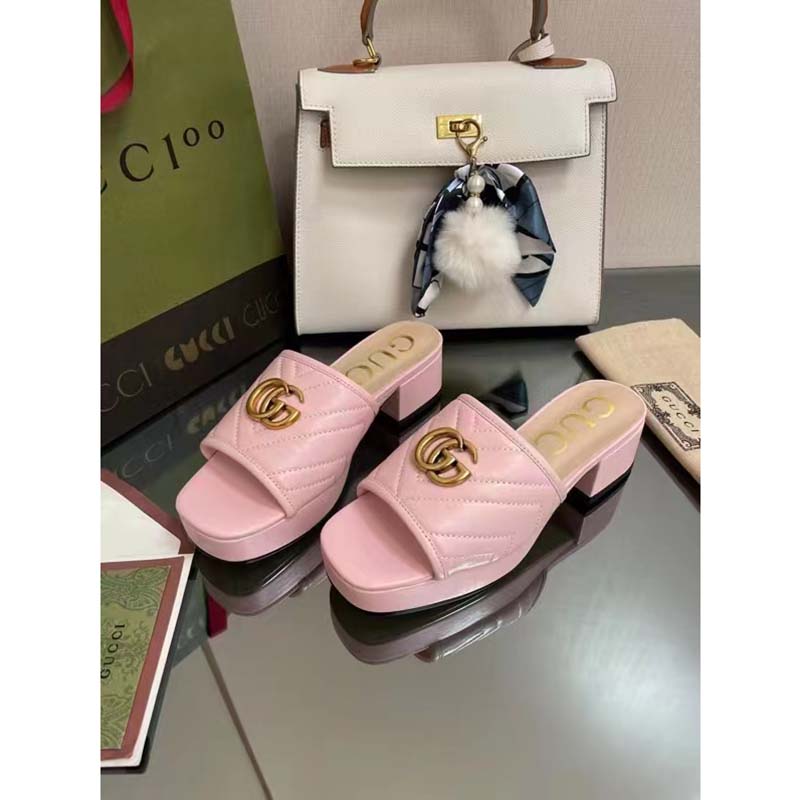 Gucci Women Double G Slide Sandal Rose Pink Chevron Matelassé Leather Mid-Heel