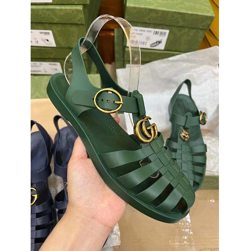 Gucci Unisex GG Sandal Double G Transparent Emerald Green Rubber Flat