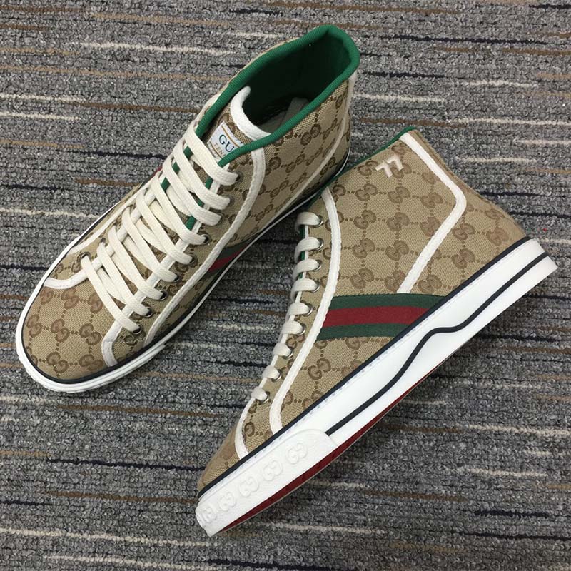 Gucci Unisex Tennis 1977 High Top Sneaker Brown Rubber Sole Flat 2 Cm Heel