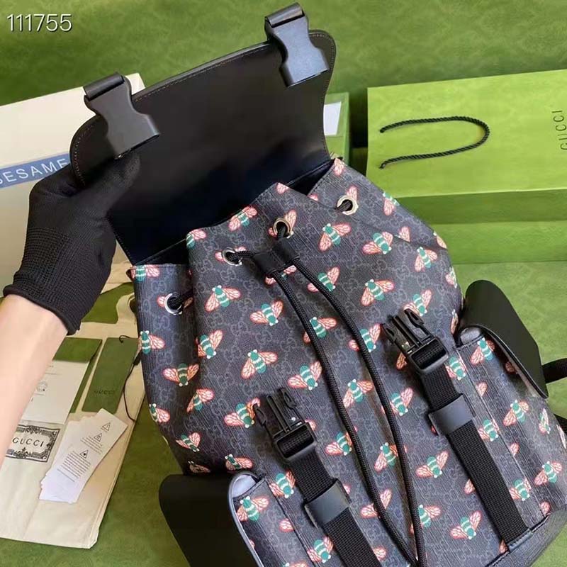 Gucci Unisex Gucci Bestiary Backpack Bag Bees Black GG Supreme Canvas