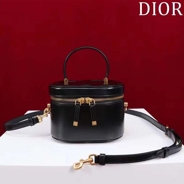 Dior Women Small CD Signature Vanity Case Black Calfskin Embossed Leather Handle