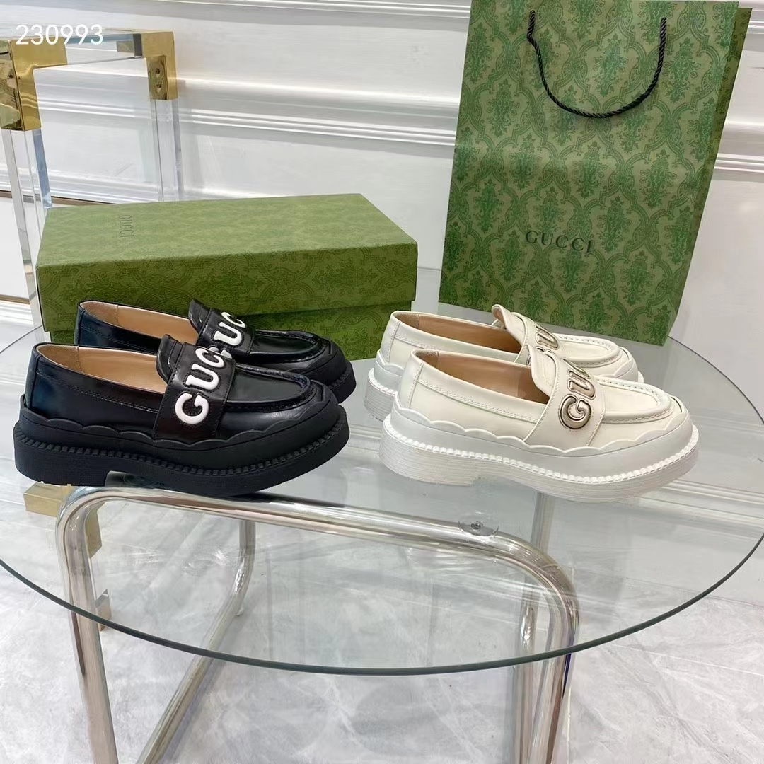 Gucci GG Women Gucci Loafer White Metallic Leather Scalloped Script Rubber Sole Mid-Heel