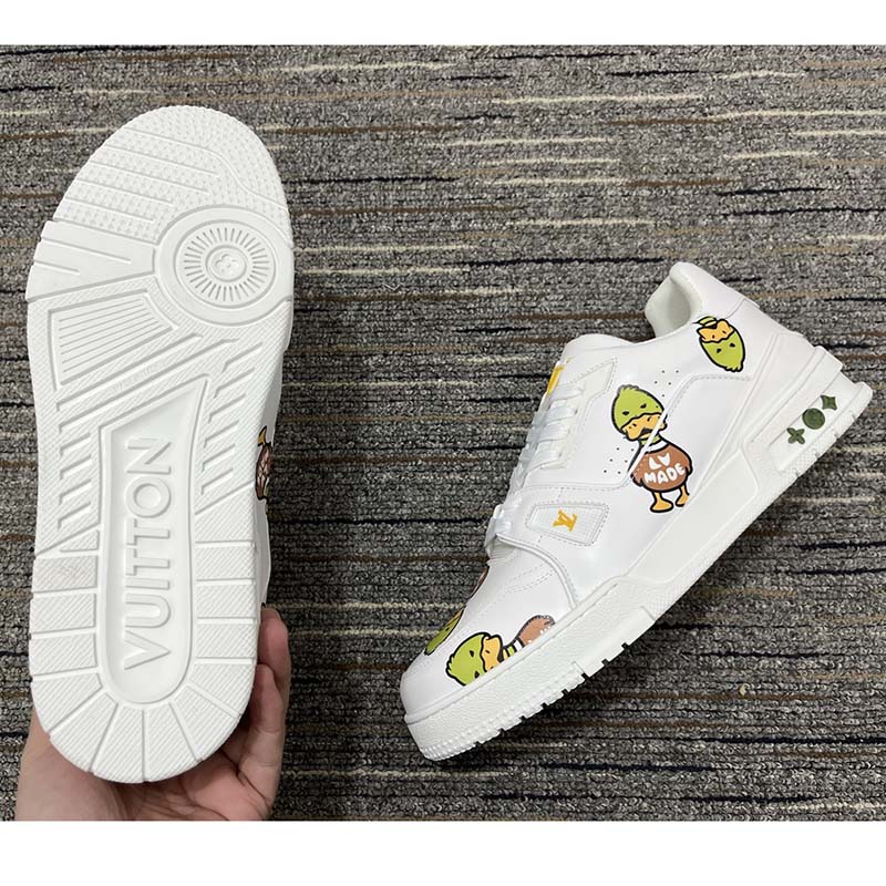 Louis Vuitton Unisex LV Trainer Sneaker White Printed Calf Leather Rubber Monogram Flowers