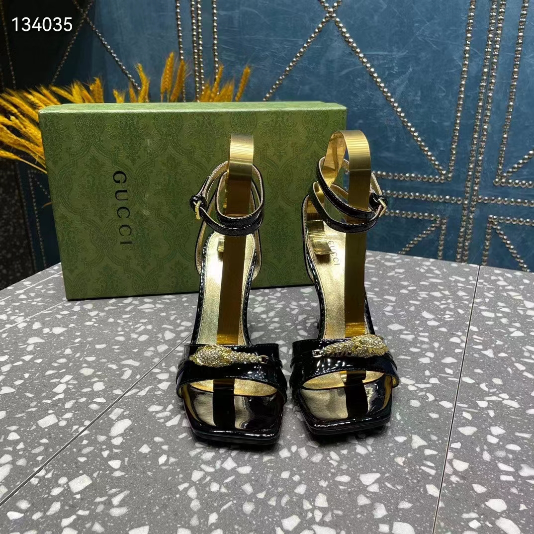 Gucci Women GG High-Heel Sandal Hardware Black Patent Leather Square Toe Geometric-Shaped Heel