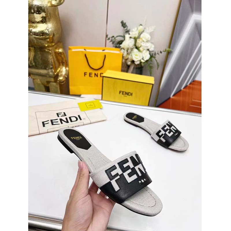 Fendi Women FF Signature Canvas Black Leather Slides 1 Cm Heel