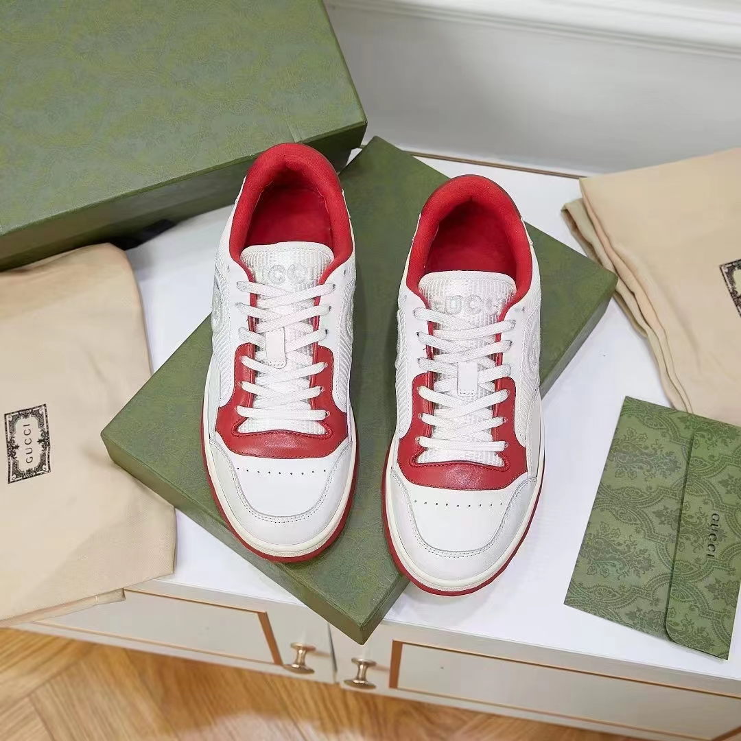 Gucci Unisex GG MAC80 Sneaker Off White Red Leather Round Toe Rubber Flat