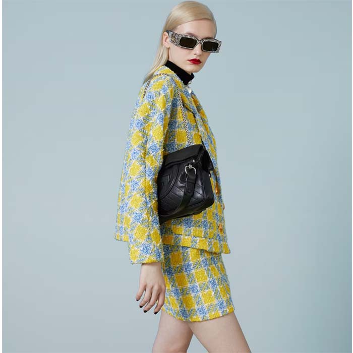 Gucci Women GG Blondie Small Tote Bag Black Leather Round Interlocking G