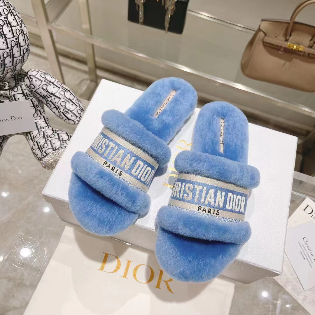 Dior Women CD Shoes Chez Moi Slide Bright Blue Embroidered Cotton Shearling