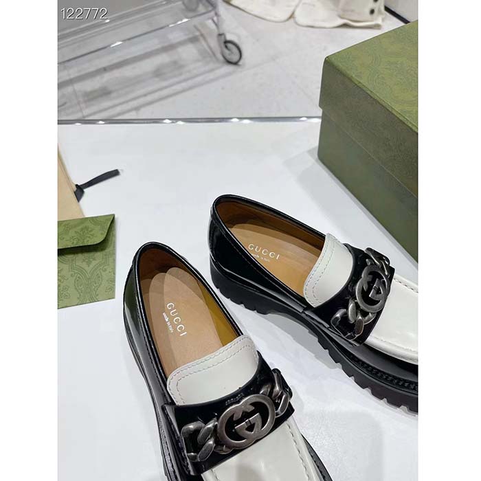 Gucci Women GG Interlocking G Chain Loafer Black White Leather Lug Rubber Sole Flat