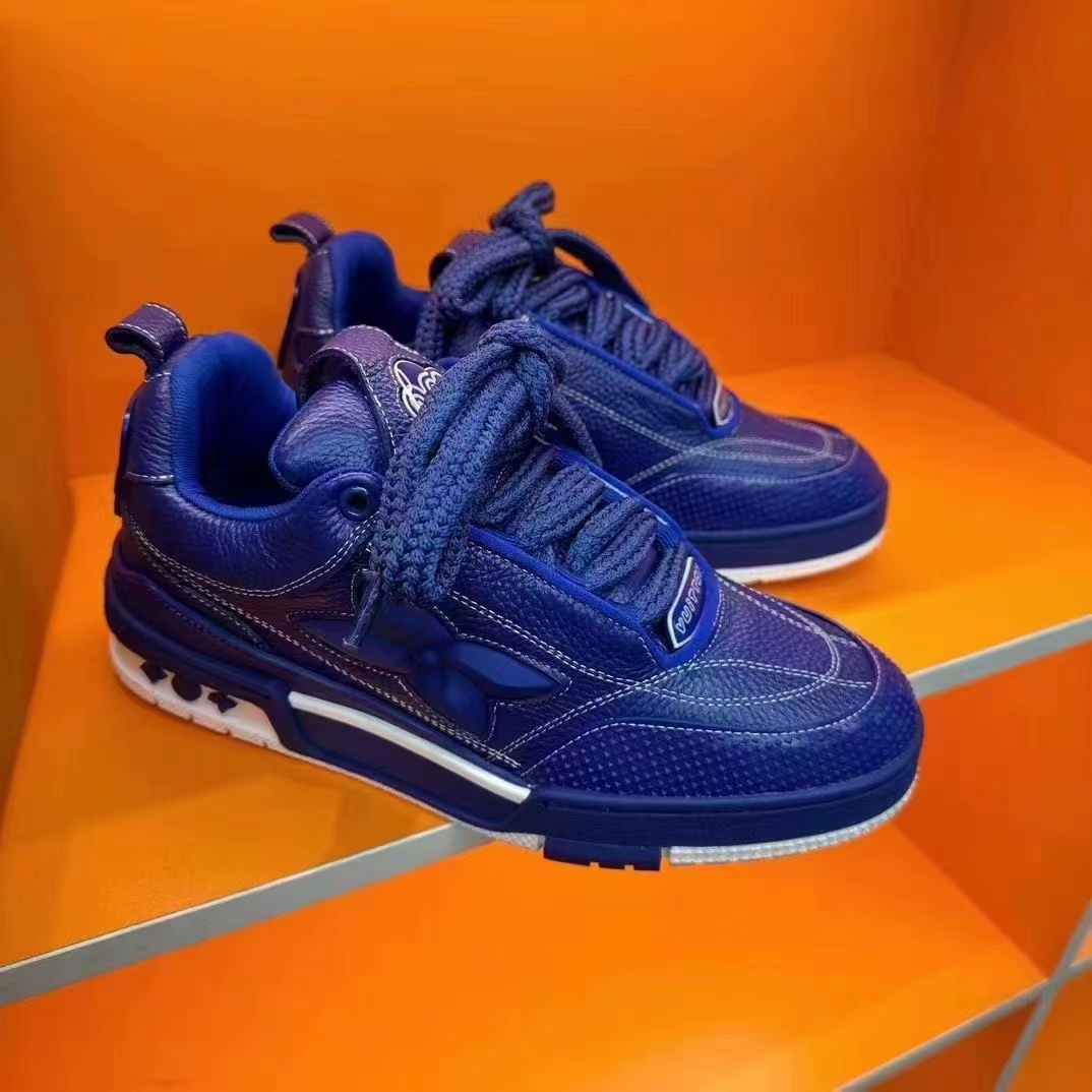 Louis Vuitton Unisex LV Skate Sneaker Blue Grained Calf Leather Double Laces Rubber Outsole