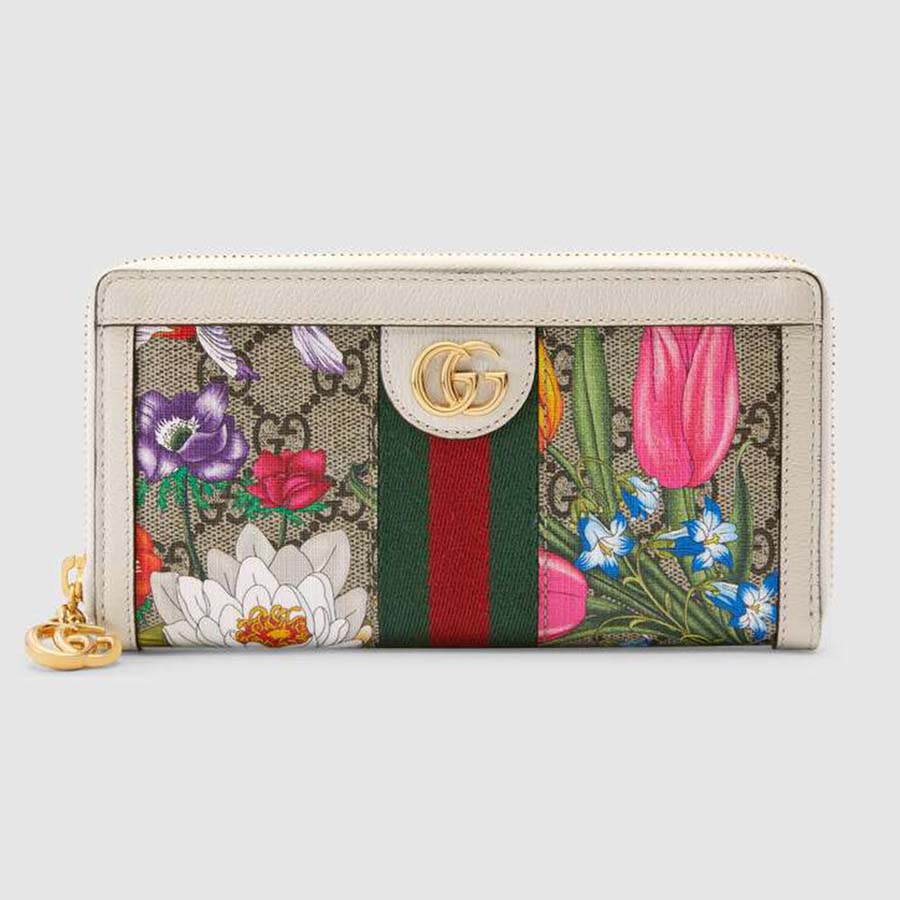 Gucci GG Women Ophidia GG Flora Zip Around Wallet in Beige/Ebony GG Supreme Canvas