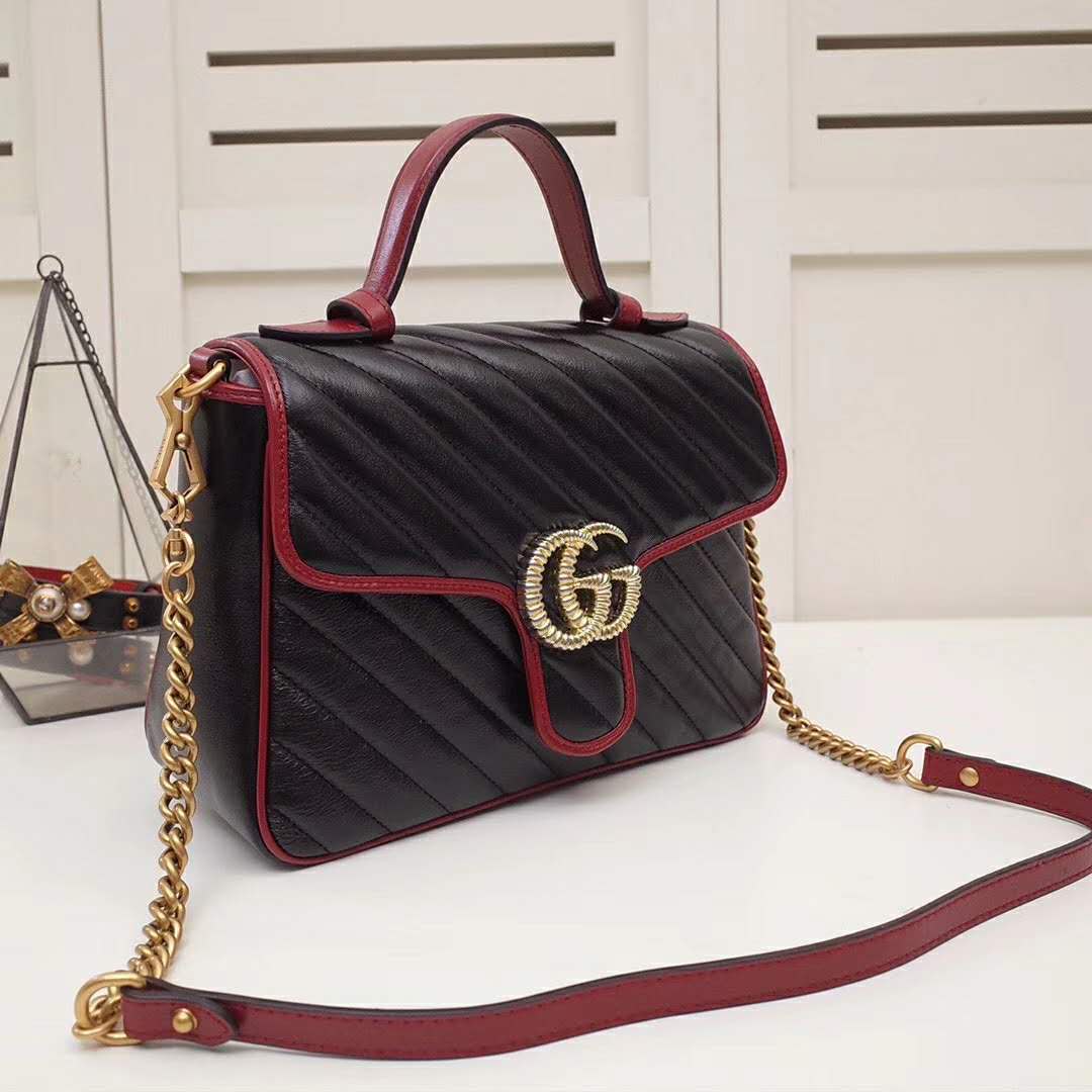 Gucci GG Women GG Marmont Small Top Handle Bag in Black Diagonal Matelassé Leather