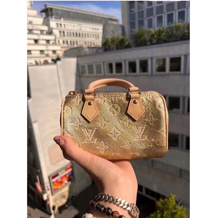 Louis Vuitton LV Women Nano Speedy Beige Monoglam Coated Canvas Zip Closure