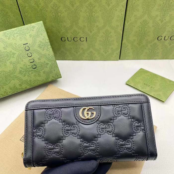 Gucci Unisex GG Marmont Zip Around Wallet Black Matelassé Leather Double G