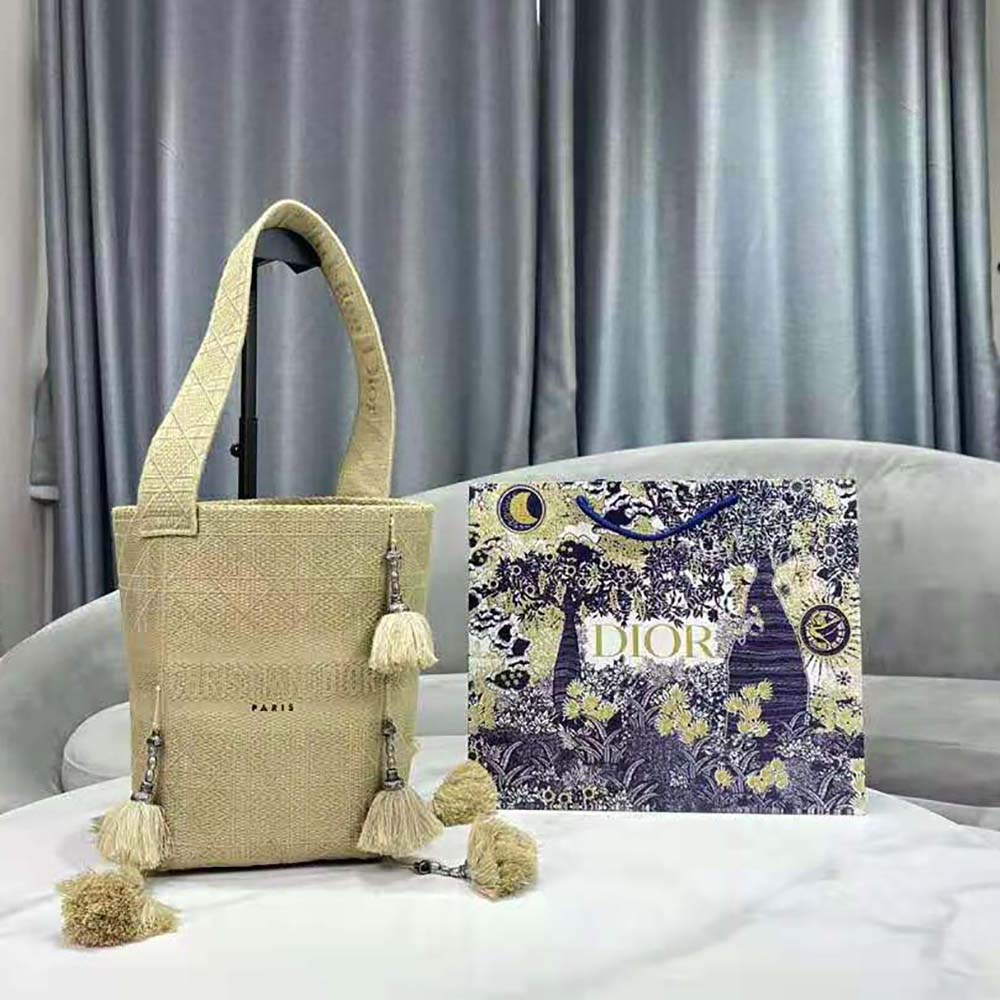 Dior Women D-bubble Bucket Bag Beige Cannage Embroidery with Straw Effect