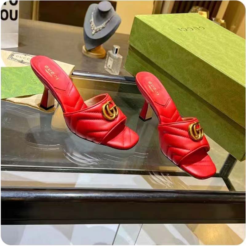 Gucci Women GG Double G Slide Sandal Red Chevron Matelassé Leather 7.6 cm Heel