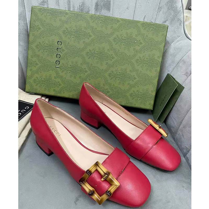 Gucci GG Women Ballet Flat with Bamboo Buckle Dark Red Leather